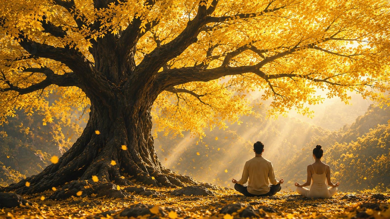 Hombre y mujer meditando bajo un araguaney al amanecer